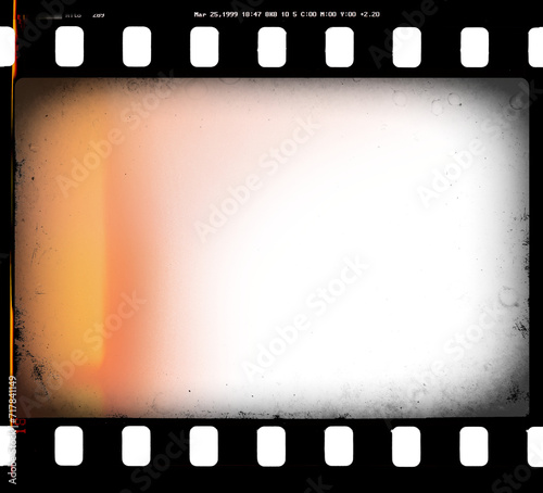 Obraz na płótnie Artistic 35mm film strip template with transparent frame cell and background (PNG image) with dusts and scratches and film burn-in, light leak and vignetting for retro film simulation (PNG image) w salonie