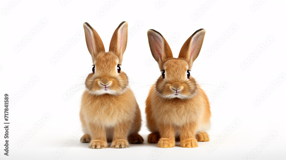 Two cute rabbits sitting on a white background. Isolated image. Two cute rabbits sitting on a white background. Isolated image.