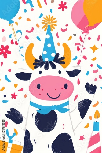 Cartoonish charm: cow wearing a festive birthday hat.