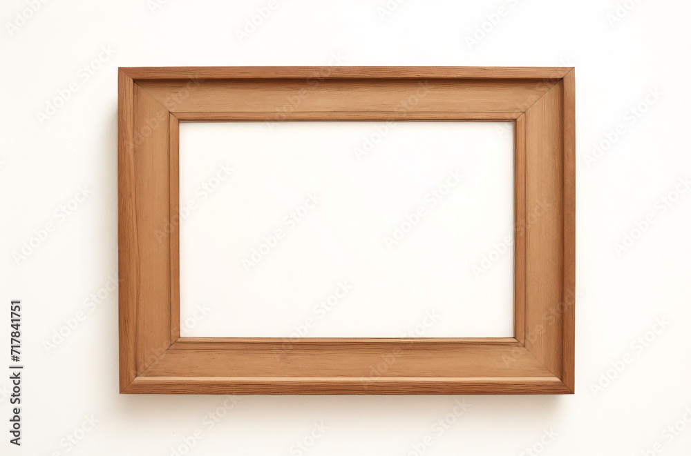 Marco vertical rectangular fino de madera clara colgado en una pared con textura blanca, plano, vista superior, ilustración 3D. Marco vertical rectangular fino de madera clara colgado en una pared con textura blanca, plano, vista superior, ilustración 3D.