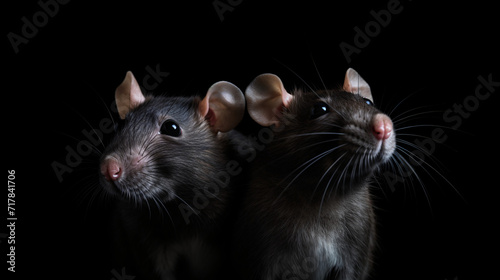 Two gray rats isolated on black background. Close-up portrait.