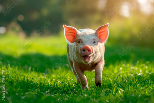 Cute piglet in the yard, running around, ecological farming concept.