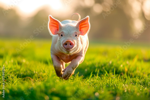 Happy pig running on a green pollution-free grassland, ecological farming concept. © graja