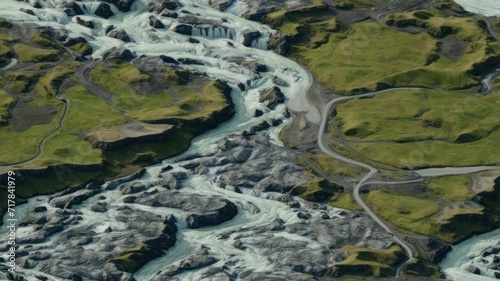 Aerial Overview of Glacial Rivers of Iceland. generative, AI.