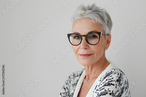Closeup portrait of elderly beautiful woman with short hair photo