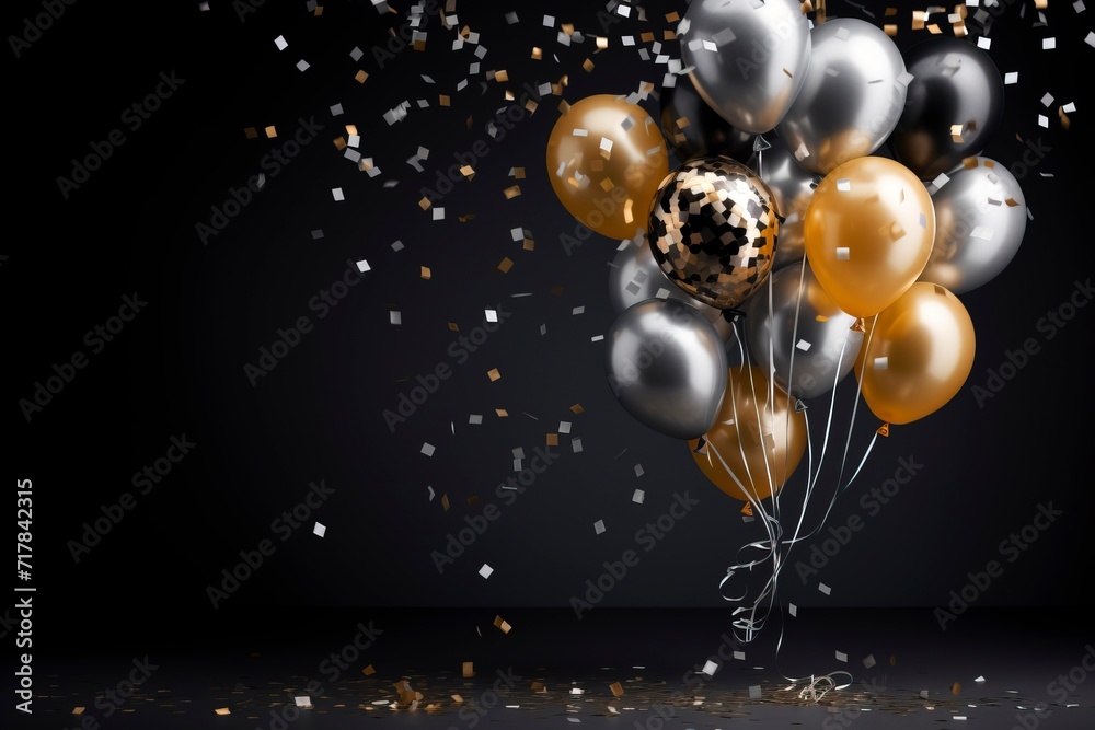 Gold and silver balloon with confetti dark background with generative ai Gold and silver balloon with confetti dark background with generative ai