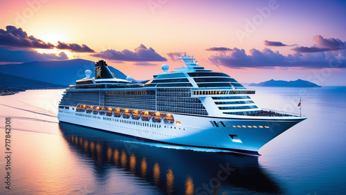 Sailing into the Sunset: A Luxury Cruise Ship’s Majestic Journey on Serene Waters photo