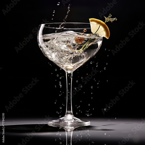 A studio photo of a glass of gin, with a piece of lemon, against a dark background