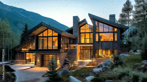 Large windows in this contemporary mountain home optimize natural light, minimizing the need for artificial lighting and fostering a sense of connection with the outside world