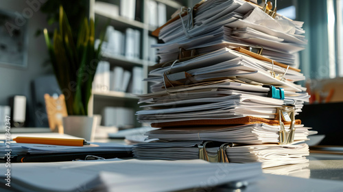 A large stack of documents against the background of a modern office. Annual reporting. There is a large stack of documents on the table, waiting to be completed. Blurred office background.  photo