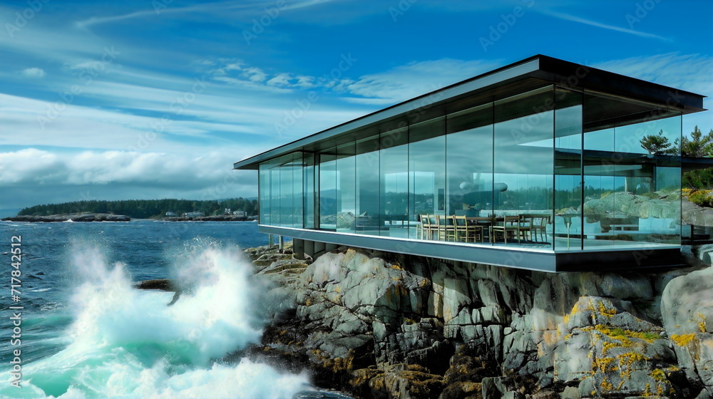 Perched on a rocky bluff, this modern waterfront home features a living space with glass walls that offer breathtaking views of the far-off horizon and the roaring surf below.