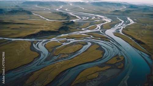 Aerial Photograph of a Glacial River Delta in Iceland with many meandering branches and veins. generative, AI.