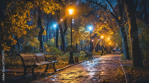 Autumn Evening in a City Park: Illuminated Path with Benches, Trees, and Lanterns, Symbolizing Urban Beauty