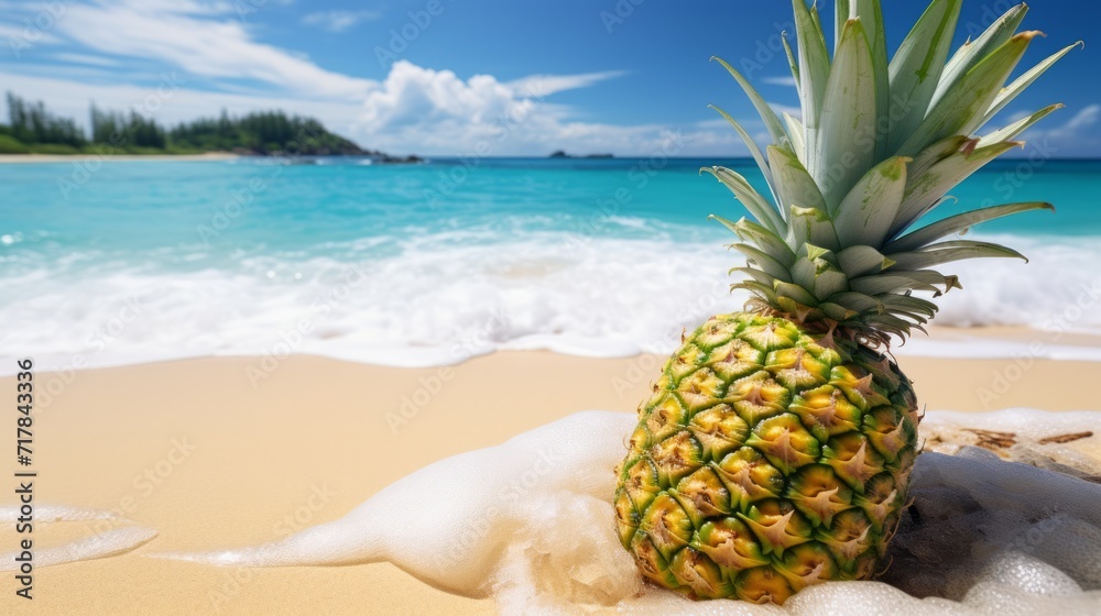 Summer background with pineapple on the seashore. Neural network AI generated art Summer background with pineapple on the seashore. Neural network AI generated art