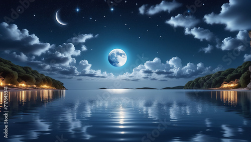 Moonlit Night Over Calm Waters  A Serene Landscape Illuminated by Celestial Bodies