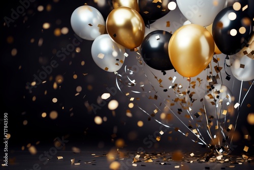 Gold and silver balloon with confetti dark background with generative ai