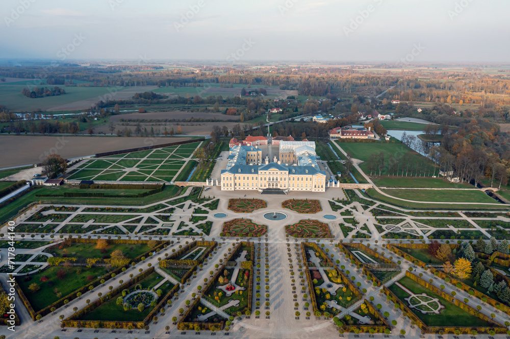 Aerial view on baroque garden of Rundale palace in autumn time. Symmetrical park in vibrant colors