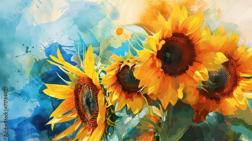 Sunflowers Against a Textured Backdrop. Vivid sunflowers against a colorful, abstract background. photo