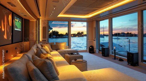 A contemporary waterfront house with a home theater that, with its wide windows and surround sound speakers, simulates being on a luxurious yacht photo