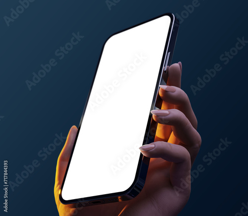 Smartphone with a blank screen in a woman's hand. Subtle lighting in warm and cool tones. 3d render photo