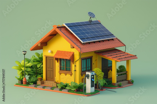 An AI generative image of 3D model house equip with solar panel, parabola and EV charging port.