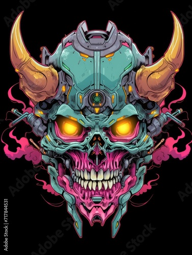 Mecha samurai Necro, Demon, skull, evil, hell, anime girl, illustration. Print for T-shirts and poster	