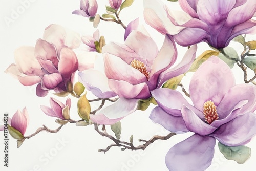 Watercolor Magnolias in Bloom Illustration. Delicate magnolias in various bloom stages, painted in watercolor.