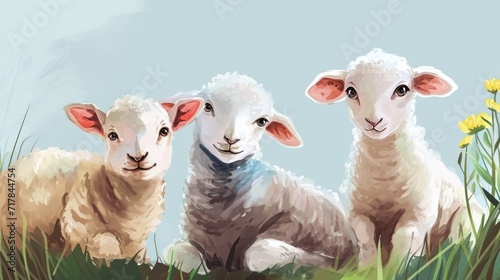 Easter-Themed Watercolor Sheep and Lambs. A watercolor painting of a sheep family with Easter eggs on grass.