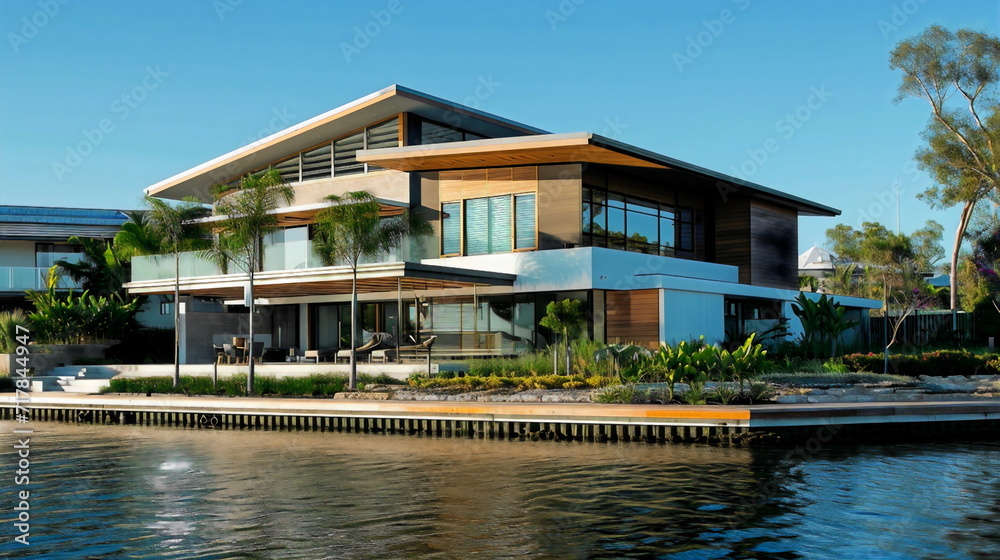 A modern waterfront home with a rainwater collection system that provides water for irrigation and household use, reducing reliance on municipal supplies