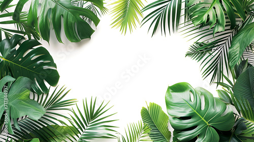 Tropical leaves banner on white background with copy space, generative ai