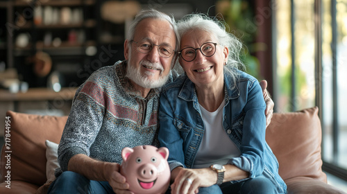 Rentnerpaar mit Sparschwein schaut mal glücklich und mal traurig da Finanzplanung sehr emotional ist und Ersparnisse im Alter nicht ausreichen Generative AI photo