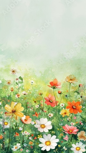 Watercolor Meadow at Dawn. A serene watercolor meadow with wildflowers at dawn. © Oksana Smyshliaeva