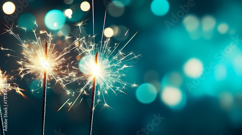 Happy New Year, burning fireworks with bokeh light background