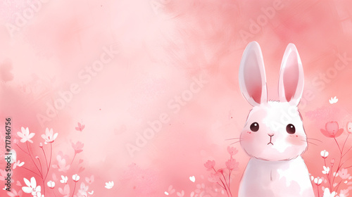 Pink background with flowers and rabbit characters, watercolor painting