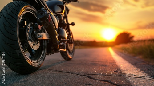 A motorcycle parking on the road right side and sunset, select focusing background photo