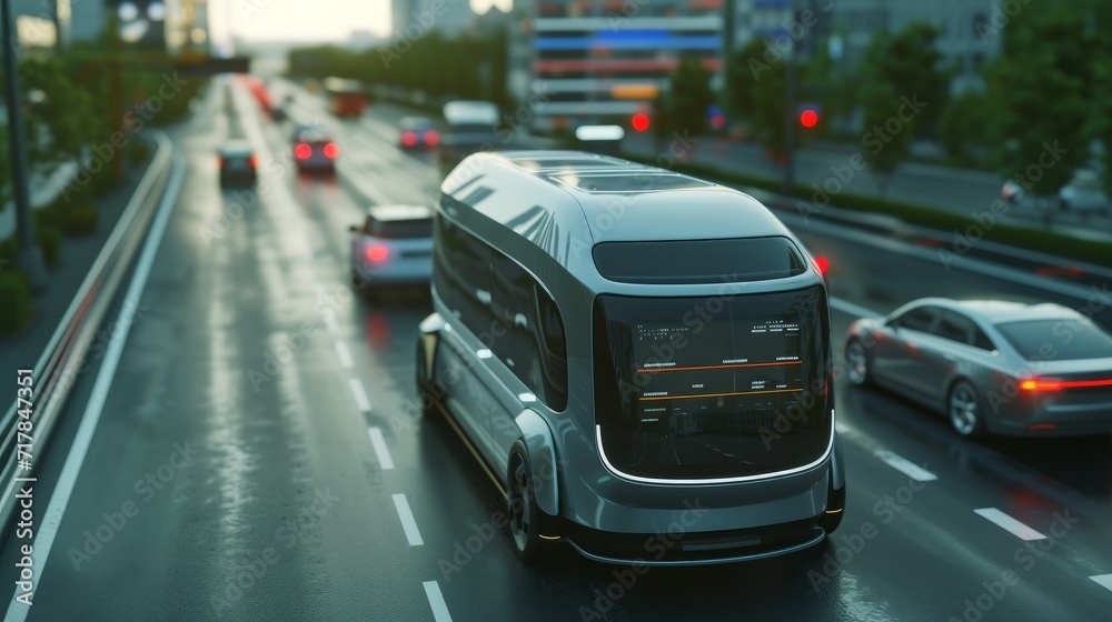 Aerial Drone Following Futuristic 3D Concept Car. Autonomous Self Driving Van Moving Through City Highway. Visualized AI Sensors Scanning Road Ahead for Speed Limits, Vehicles, Pedestrians. Back View