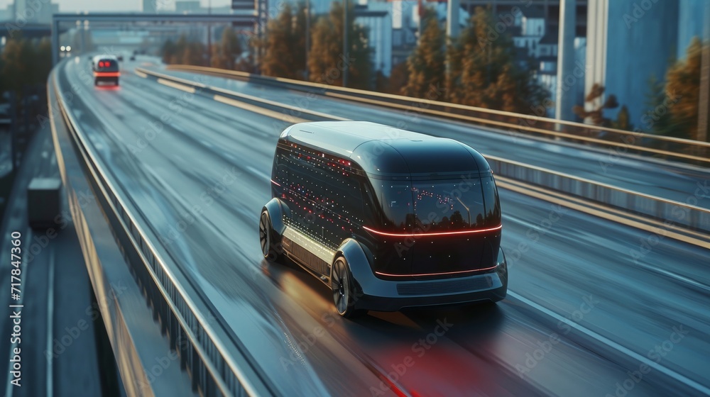 Aerial Drone Following Futuristic 3D Concept Car. Autonomous Self Driving Van Moving Through City Highway. Visualized AI Sensors Scanning Road Ahead for Speed Limits, Vehicles, Pedestrians. Back View Aerial Drone Following Futuristic 3D Concept Car. Autonomous Self Driving Van Moving Through City Highway. Visualized AI Sensors Scanning Road Ahead for Speed Limits, Vehicles, Pedestrians. Back View