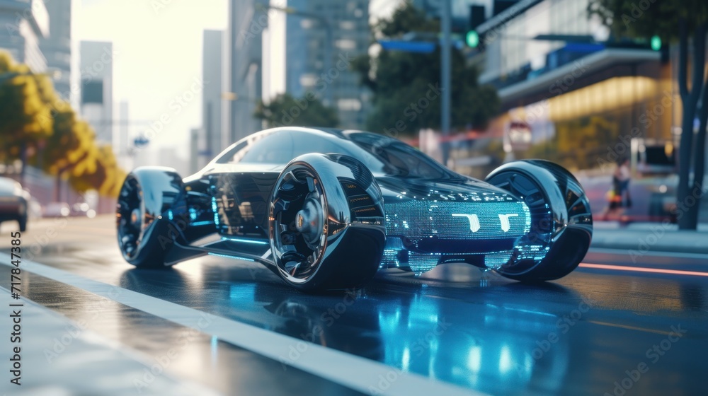 Artificial Intelligence Technology in Autonomous Driving, Future Car Software Technology. Self-Driving Car, Autonomous Vehicle, Driverless Car, Robo-Car, 3D illustration, 3D rendering