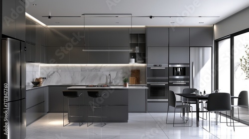 Beautiful Grey Modern Kitchen in a Luxury Apartment with Stainless Steel Appliances