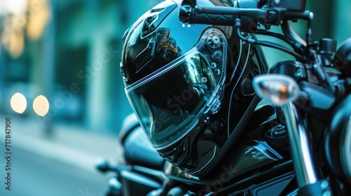 Black motorcycle helmet hanging on the handlebars of the motorcycle photo