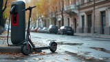 Electric scooter with charging station on a city street