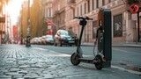 Electric scooter with charging station on a city street