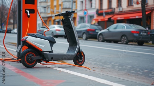 Electric scooter with charging station on a city street