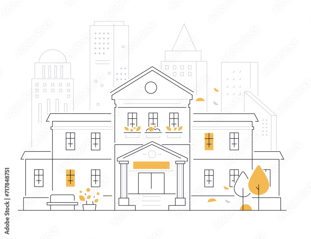 Historical building - modern line design style illustration on white background. Composition with house in colonial style. Architecture of a modern city with buildings from a bygone era