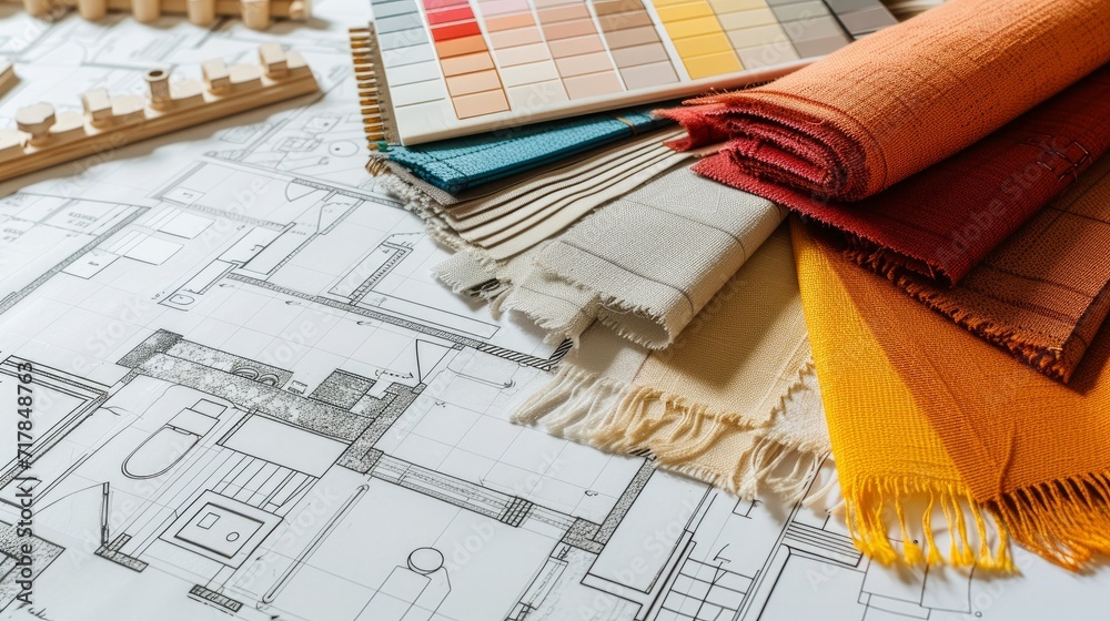 Interior designer's working table, an architectural plan of the house ...