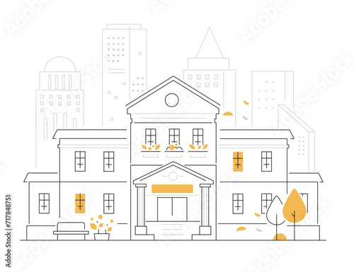 Historical building - modern line design style illustration on white background. Composition with house in colonial style. Architecture of a modern city with buildings from a bygone era