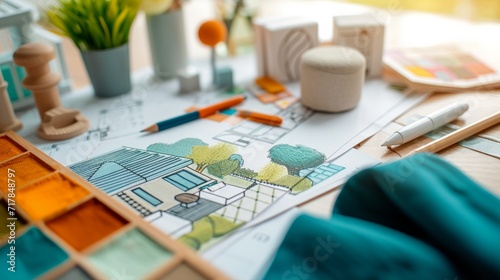 Interior designer's working table, an architectural plan of the house, a color palette, furniture and fabric samples. Drawings and plans for house decoration