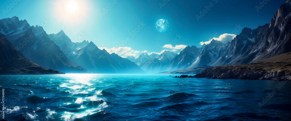 eye catching seascape illustration. glowing blue sun, sea shore