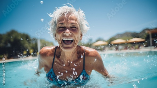 A happy elderly retired woman is enjoying her vacation in the pool of the water park. Summer, holidays, travel, recreation and entertainment, positive emotions concepts. Copy space. © liliyabatyrova
