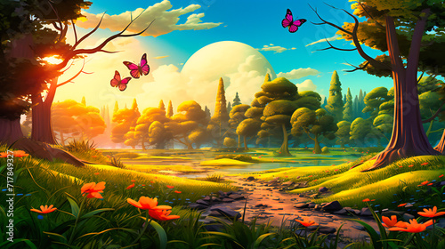 Cartoon Forest Landscape, Nature Illustration with Trees and Sky, Green Environment Scene, Fairy Tale and Fantasy Design